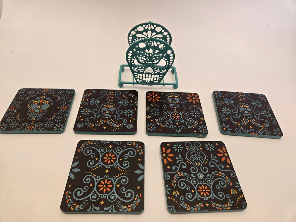 Halloween Sugar Skull Coasters Set of 4 With Holder Colorful Skull Decor